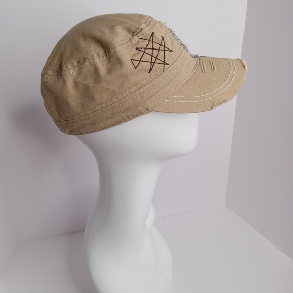 TAN Fleur-de-lis  CAP Y2K STYLE MILITARY‎ W/ RHINESTONE WING DETAIL - Picture 3 of 7